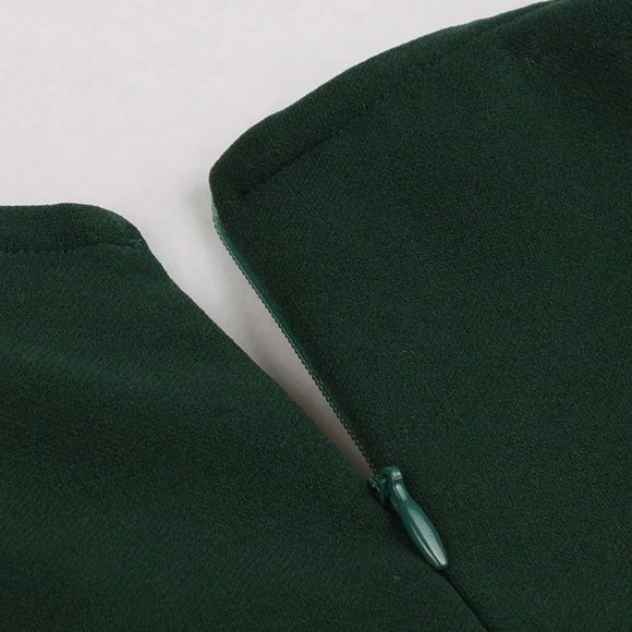 50s Vintage Dress Dark Green V Neck Short Sleeve - Picture 9 of 9